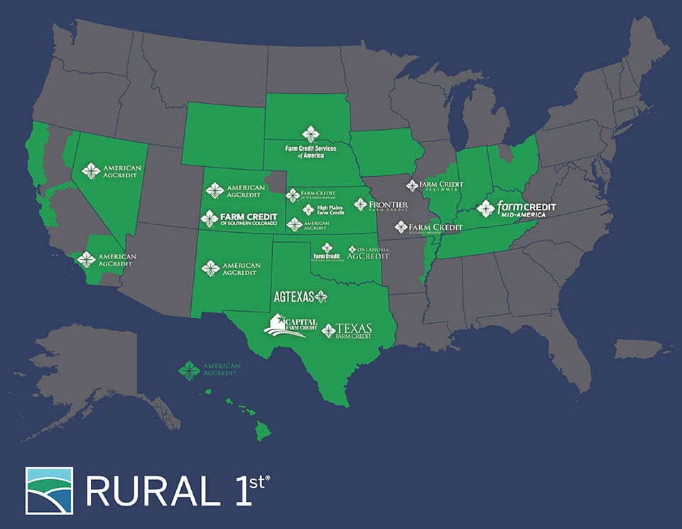 A United States map displaying Rural 1st's locations and partner Farm Credit associations.