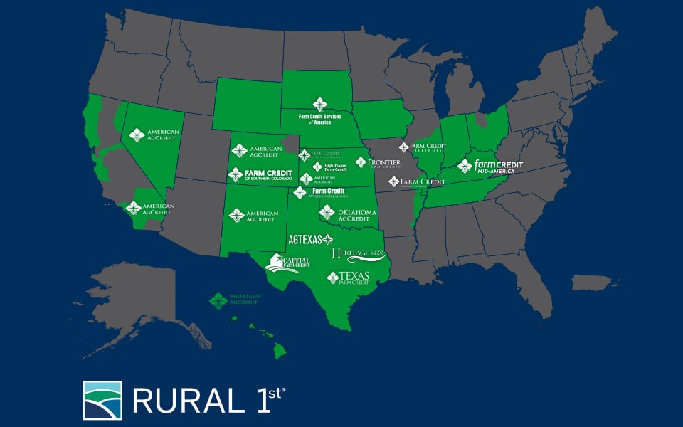 A United States map displaying Rural 1st's locations and partner Farm Credit associations.
