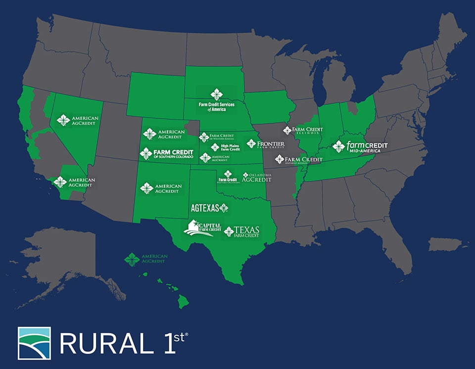 A United States map displaying Rural 1st's locations and partner Farm Credit associations.