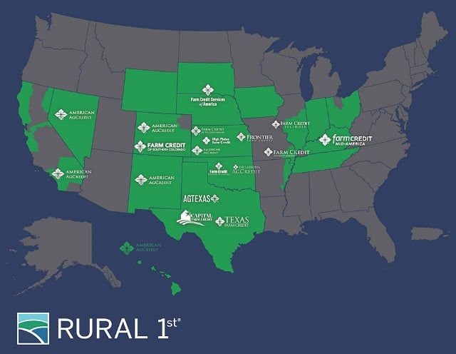 A United States map displaying Rural 1st's locations and partner Farm Credit associations.