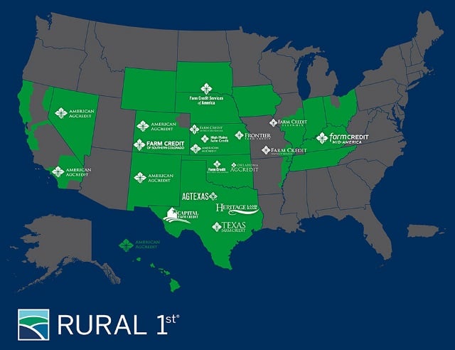 A United States map displaying Rural 1st's locations and partner Farm Credit associations.