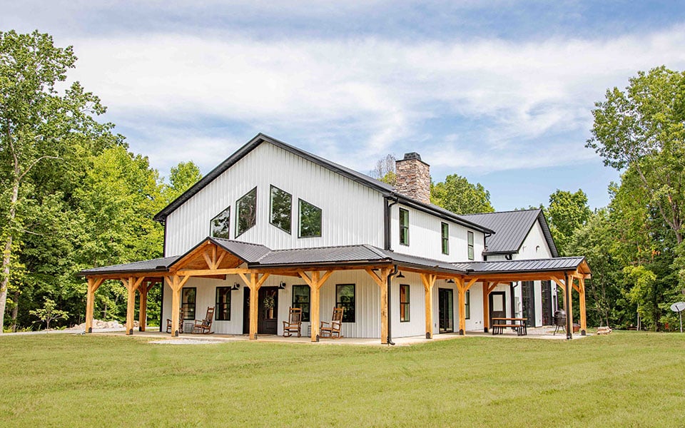 Exterior view of a recently-built barndominium.